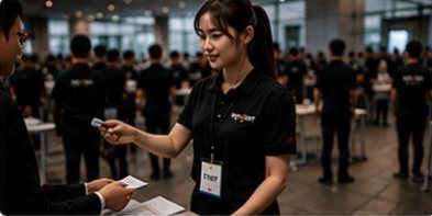 접수 데스크에서 참가자를 안내하는 MOVENT 스태프